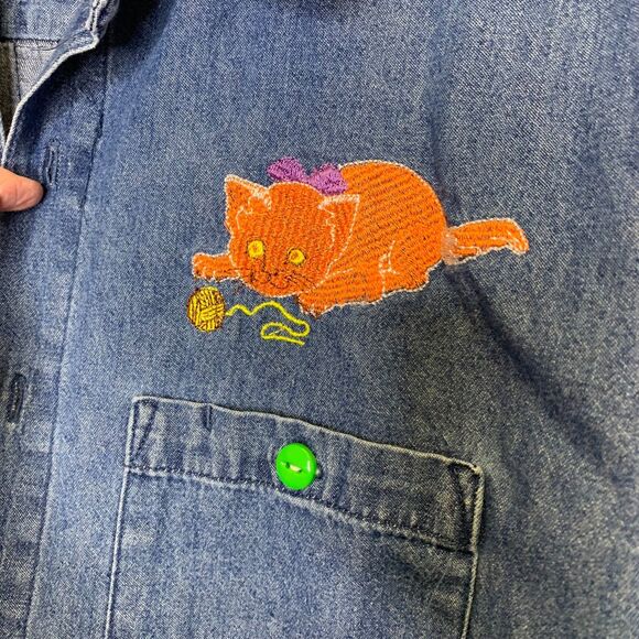 Open Trails Denim Shirt Colorful Embroidered Patriotic USA Faith Cat FAFA - Picture 6 of 12